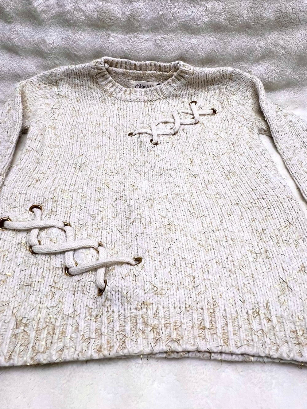 Chloe Cream Lace-Up Sparkly Cable Knit Crewneck Sweater